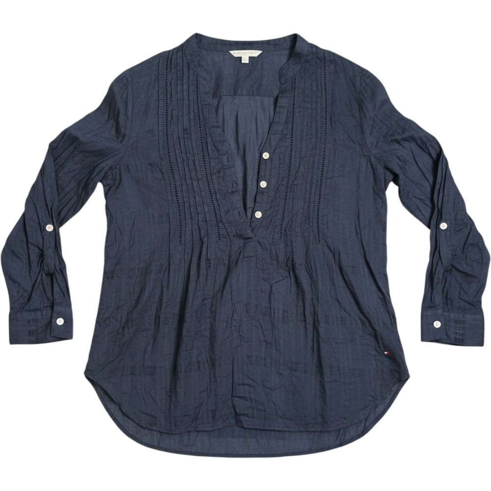 Tommy Hilfiger Pintuck Lace Blouse Womens L Navy Blue Excellent Roll Tab Sleeve